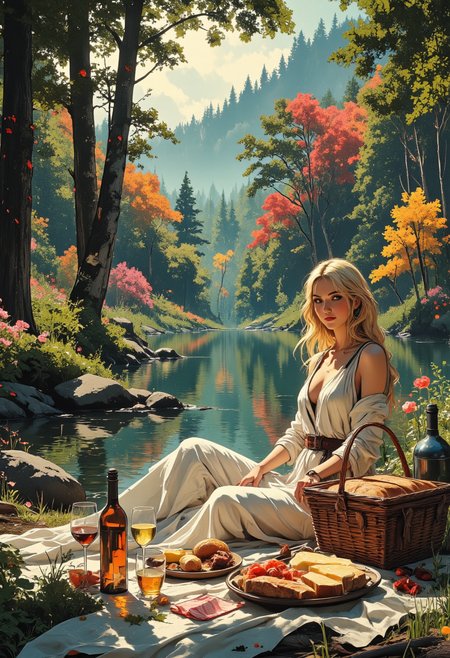 Image is a wide angle shot digital fantasy artwork featuring a side view of a beautiful woman looking sitting next to a serene lake. she's looking at you with a confident and loving expression. She has blonde hair and is wearing a long flowing tunic that expose sideboob. The lake is in the middle of a enchanted forest full of colorful flowers and trees. In front of her is a picnic blanket and an open basket full of food. There wine, wine glasses, bread, cheese and salami. To the side of her is a full set of plate armor that she has taken off. <lora:RetroAnimeFluxV1:0.5> <lora:RM_Illustrify_v1.0MFLUX:0.65> <lora:New_Fantasy_CoreV4_FLUX:0.6>
