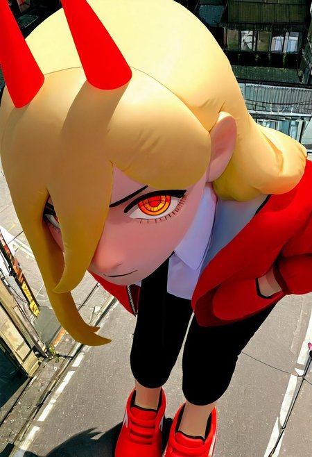 masterpiece, best quality, newest, absurdres, highres, 1girl, black necktie, necktie, solo, long hair, horns, red eyes, shirt, jacket, white shirt, pants, black pants, red footwear, collared shirt, shoes, blonde hair, power \(chainsaw man\), hands in pockets, facing viewer, looking at viewer, ringed eyes, leaning forward, close-up, red jacket, from above, upturned eyes, giantess, inflatable toy, 
<lora:tsunotsuno_ill:1>