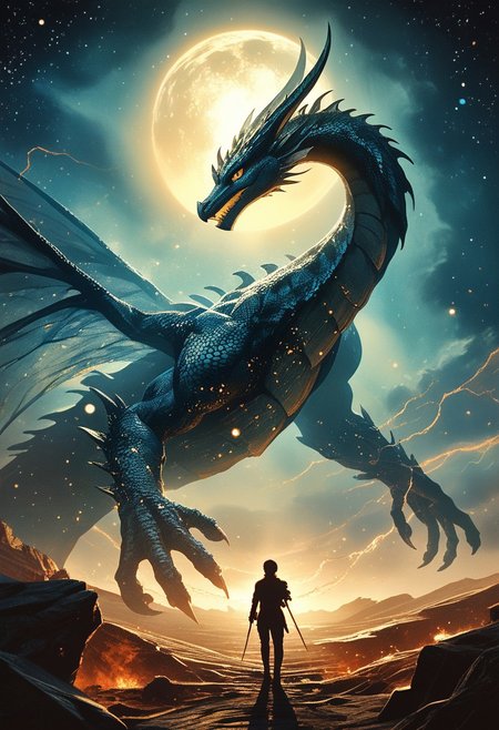 score_9, score_8_up, score_7_up,colossal luminous dragon, photograph captures a moment of epic struggle. Dominating the scene is a translucent dark-blue dragon adorned with luminescent scales, blending seamlessly with its surroundings. Its wings, composed of intricately woven energy threads, shimmer in a spectrum of colors. Amidst the night, its presence exudes a sense of mythical power. Behind it, the swirling hues of a distant galaxy provide a mesmerizing backdrop, weaving tales of cosmic battles and celestial legends. Atmospheric haze, Film grain, cinematic film still, shallow depth of field, highly detailed, high budget, cinemascope, moody, epic, OverallDetail, RAW photo, photorealistic, candid camera, color graded cinematic, eye catchlights, atmospheric lighting, imperfections, natural, shallow dof ,
 ral-ertmsphr,