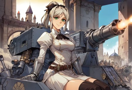 score_9, score_8_up, score_8, score_7_up, score_7, anime of hmkshll, green eyes, platinum blonde hair, high ponytail, bangs, sidelocks, hair ribbon, knight dress, gauntlets, belt, medium breasts, castle, posing for a photo, facing viewer, looking at viewer, female focus,  (dynamic lighting:1.1), Sitting on a Cannon, , looking at a Cannon, Culverin, smiling ,  ground vehicle, military vehicle,bslskspg, basilisk, Basilisk Self-propelled Gun 
((masterpiece))