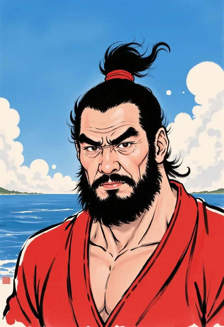 An image in style of ink wash painting, featuring portrait of a robust, bearded middle-aged man with black hair tied in a high ponytail. He wears a red robe, looking at viewer with a serious expression. The background shows a vibrant blue sky with fluffy white clouds and a distant ocean. The frame is captured from side with dutch angle. <lora:Shuimozhuangshi_Ink_wash_painting_style_v2.5:1>