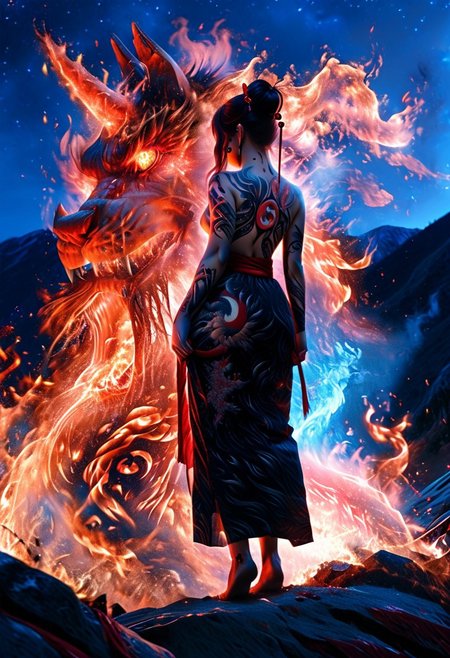 score_9, score_8_up, score_7_up. BREAK. Translucent, 8k, (ultra detailed:1.4), back view, irezumi, looking away, standing, on top of mountains, 1female, (full-body tattoo:1.9), black hair updo, hair ornaments, <lora:tatoo:1>, translucent black/red tatoo, kimono, black yukata, red sash, obi, pulled yukata, night, (red lunar eclipse moon), detailed gigantic dragon roaring in front of the female face,composed of fire elements, fire element, blue fire, cinematic light, very aesthetic, absurdres, incredibly absurdres, subsurface scattering, detailed skin, detailed tatoo, glowing,