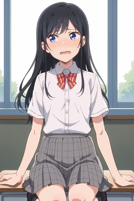 score_9, score_8_up, score_7_up, source_anime, 1girl, prefect lighting, very aesthetic, intricate details, highly detailed background, masterpiece, high quality, prefect hands, best quality, solo,
<lora:Rin_Nanakura_Pseudo_Harem_V1:.85>, KJOrin, black hair, blue eyes, long hair, swept bangs, 
school uniform, black kneehighs, 
embarrassed, wavy mouth, open mouth, looking to the side, blush, 
classroom, desks, sliding doors,
(Beautiful, small Breasts:1.2), natural breasts,