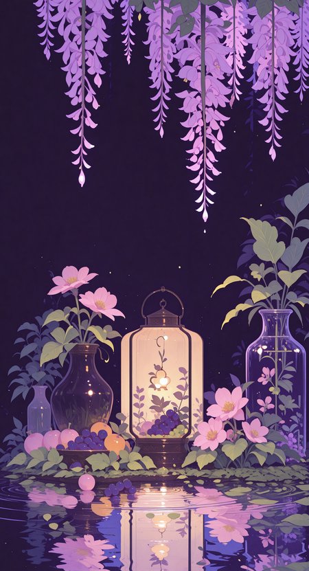 masterpiece, best quality, good quality, newest, highres, absurdres, flower, food, no humans, fruit, leaf, cat, plant, scenery, pink flower, reflection, lantern, lamp, ripples, vase, grapes, still life, wisteria, Ethereal Brushstroke,
Flat vector illustration,
h4ra_illu,
momosp <lora:illustriousXL_stabilizer_v1.23:0.3> <lora:NOOB_vp1_detailer_by_volnovik_v1:0.3> <lora:ponyv6_noobE11_2_adamW-000017:0.45> <lora:Illustrious:0.15> <lora:checkpoint-e18_s306:1.3> <lora:hara_id_21:0.85> <lora:MomoSweetSpaceILL:0.8>