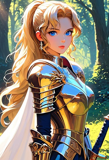 1girl, weapon, armor, sword, blue eyes, holding weapon, solo, blonde hair, holding sword, looking at viewer, cape, holding, forest, long hair, white cape, nature, shoulder armor, ponytail, gold armor, gloves, breastplate, outdoors, nose, pauldrons, tree, from side, blurry background, closed mouth, blurry, knight, bush, plate armor, wavy hair, vambraces, black gloves, gauntlets, upper body, standing, faulds, two-handed, earring, reflection, 
rimixa,,  <lora:Ri-MIX_A_Illustriousv-000010:1>, masterwork, masterpiece, best quality, dynamic lighting , dynamic pose,,  dynamic angle, lips, nose