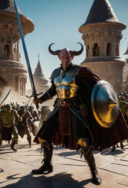A hyperrealistic 8k photograph was captured by Sid Avery's Hasselblad camera, depicting close-up a handsome+ Tiefling shield bearer with pink++ skin and slender build during a battle+++, surrounded by goblins++, He has a bald head, neon yellow eyes, calm++ and handsome detailed face, cold smile++, mysterious and ominous aura of dark shadows enveloping the figure, Lovecraftian Horror-themed, in the artistic style of Boris Vallejo, Shadows casting an uncanny atmosphere, hints of eldritch dark energy crackling, He is dressed in a swashbuckler outfit, high details and era-appropriate, He is wielding a radiating Backsword+ in the right hand, and he is holding a steel shield+++ in the left hand, Backdrop (background) of a focused scene of a battle with goblins next to a white-marble palace, Mysterious composition, imbued with a dark, ambient 3d warm studio backlight.
