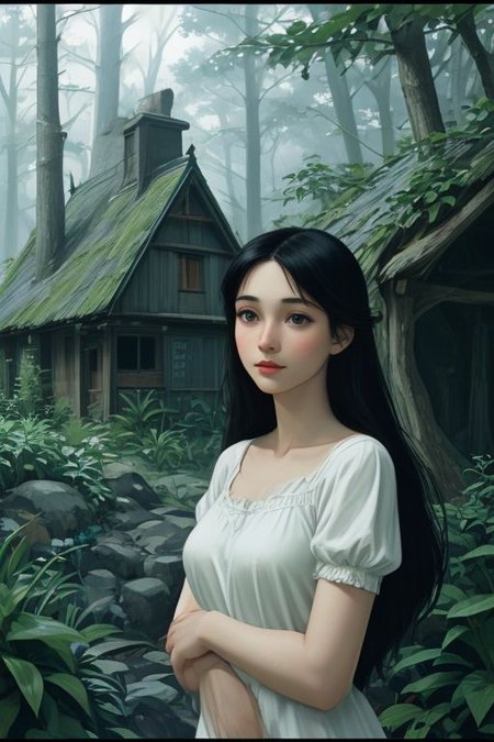 (Young girl). Snow White leaves her home country and is followed by an obsessed hunter. The meeting takes place in a dark forest, where she begs for her life. The hunter simply replies,  We ll see.  Snow White finds refuge in a dark place and decides to settle in an abandoned hut, claiming that the current owner will not return. (fantasy, realism, romanticism). (Art by Alan Lee:1.4).