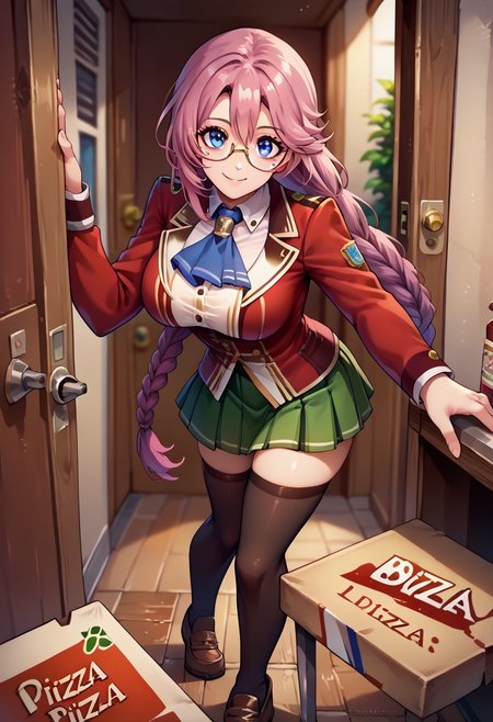 score_9, score_8_up, score_7_up, pov, pizza box, pov doorway, opening door, <lora:DeliveringPizzaPOV_pdxl_Incrs_v1:1>, emmathors, ascot, blue eyes, braided ponytail, breasts, glasses, loafers, long hair, pink hair, pleated skirt, red jacket, single braid, thighhighs, white shirt, large breasts, <lora:emma-rebake3:0.9>, green skirt,smile