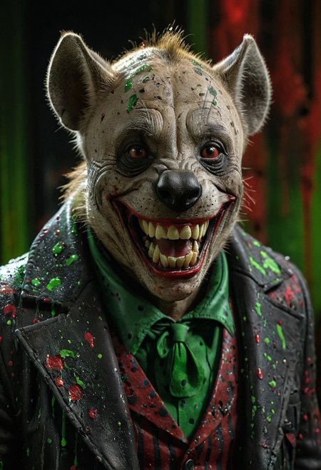 3D rendering, professional DSLR photo of hyena, Joker's iconic makeup, dark imposing coat, maniacal grin, red and green paint splatters, professional lighting, dark blurred background, vibrant atmosphere, close-up intricate details.
