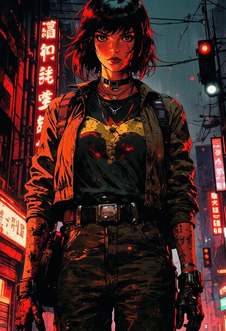 best quality, masterpiece, cyberpunk goth girl, short straight-cut bob, bangs, dark eyeshadow, red lips, headset, leather jacket, anime-themed t-shirt, necklaces, earrings, flying a helicopter over a cyberpunk street at night, neon signs, heavy rain, wet, wet hair, wet skin, wet clothes, bokeh, vibrant, surreal colours, High Definition HD, High Detail, Perfect Composition, mythp0rt