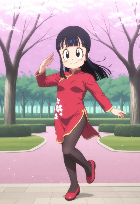 1girl, chi-chi \(dragon ball\), black hair, long hair, black eyes, red china dress, long sleeves, black pantyhose, 
 full body, dancing, dynamic pose, happy, outdoors, park, sakura, cherry blossoms, panorama, distant view,
masterpiece, best quality, ultra-detailed, very aesthetic, illustration, perfect composition, intricate details, absurdres, official art, official style, source_anime, anime screencap, anime coloring, newest, intricate, hires textures, high detail, 4k, incredibly detailed, perfect anatomy, UHD, 8K,
| <lora:DB-chichi(yawaniku)_XL(ill01)v10d:1>