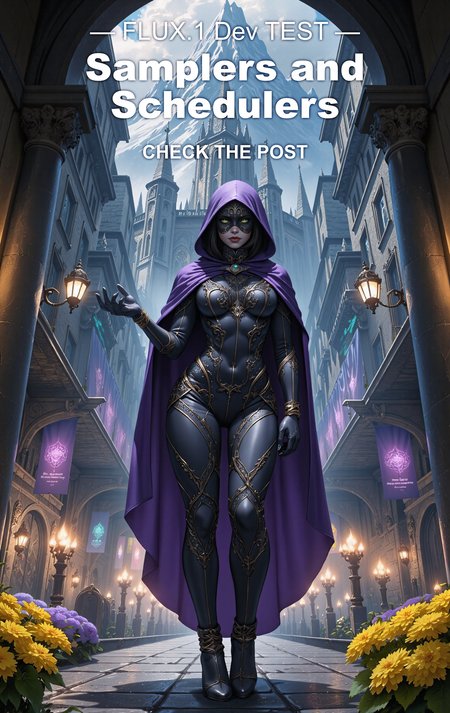 Majestic digital illustration of a fantasy world of might and magic, featuring a mysterious heroine with a masked face under a violet hood in a tight suit and violet cape on the streets of a fantasy city with yellow flowers and banners. Majestic mountains and a castle in the background. Mysterious gothic atmosphere.  <lora:ck-shadow-circuit:0.5>