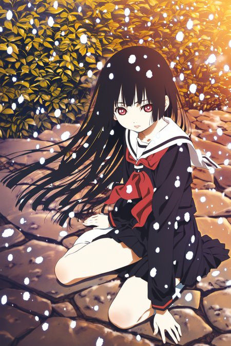 Enma Ai,1girl,solo,school uniform,long hair,black hair,snow,serafuku,snowing,black serafuku,hime cut,
<lora:JigokuShoujo_XL_v2:0.8>,
