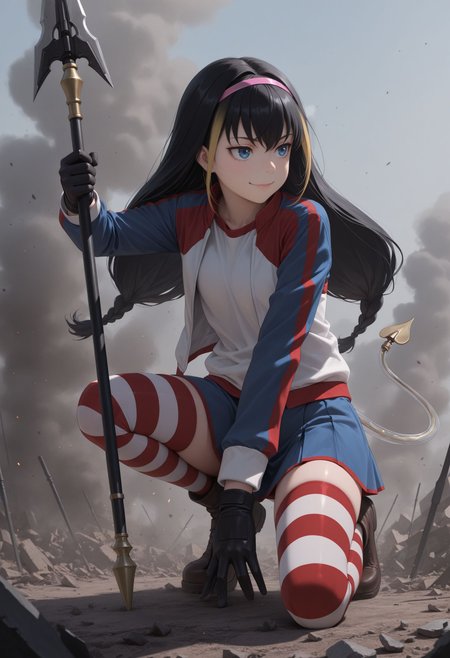 masterpiece,best quality,absurdres,highres,very aesthetic,high quality,detailed,insanely detailed,beautiful, solo, 1girl
smile, looking away, on one knee,,  outdoors, debris, smoke
<lora:Lessar illu:1> 1girl, black hair, multicolored hair, two-tone hair, long hair, twin braids, braid, pink hairband, blue eyes, jacket, multicolored clothes, striped clothes, black gloves, blue skirt, striped thighhighs, zettai ryouiki, mechanical tail, demon tail
, holding polearm, , holding weapon,
