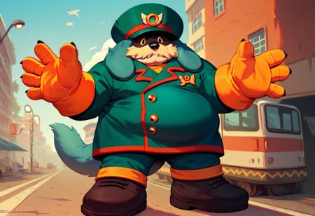 score_9, score_8_up, score_7_up, best quality, highest score
furry, anthro, conductor, solo, short, chubby, hat, waving, gloves, mustache, shiny uniform, yellow eyes, boots, tail, city streets
<lora:Ashendawger_Artist_Style_PonyXL:1>