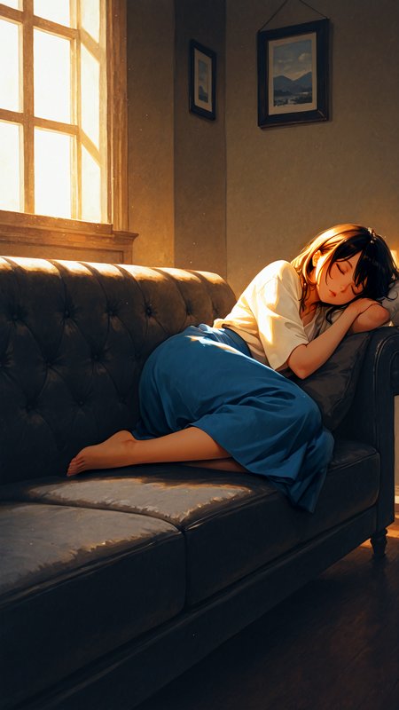 painterly, good quality, average quality, traditional media, volumetric lighting, watercolor \(medium\), 
1 woman, sleeping on a black couch,