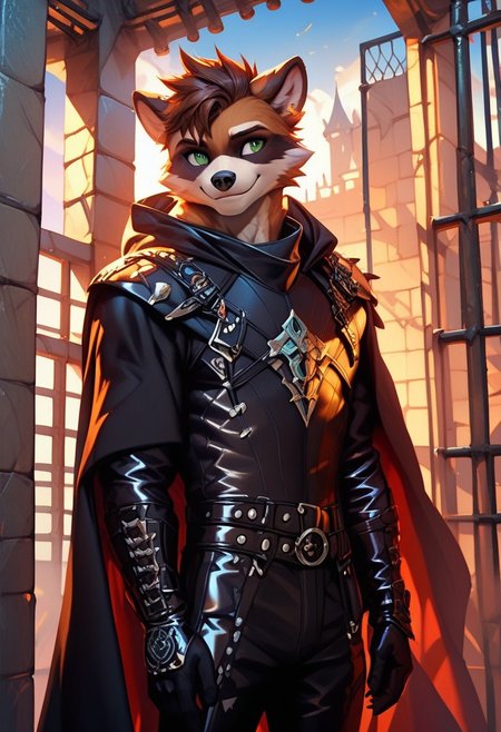 score_9, score_8_up, score_7_up,score_9, score_8_up, score_7_up, ((cowboy shot)), jail, standing, BREAK, ((High fantasy art style)), solo, male, anthro raccoon, black hooded cloak, (black leather breastplate), black leather greaves, black leather pauldrons, black leather boots, brown hair, ((detailed green eyes)), ((Masterpiece), (absurdres), (shadowy), (mysterious), smile, (looking away), (nervous)