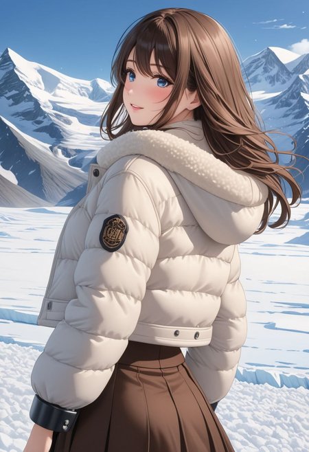 ((((white Oversized shearling down jacket)))), ((((white Oversized shearling puffer jacket)))), ((((white Oversized shearling winter clothes)))), ((((very very cold, in cold)))), ((((semi-realistic)))), ((((puffer hood)))), ((office skirt, pantyhose)), ((((cowboy shot)))), ((((from back)))), ((sharp eyelid, eyeliner, eyelashes, beautiful detailed eyes, tsurime, long messy brown hair, blue eyes, perfect anatomy)), smile, walking, icefield, dynamic pose, ((((masterpiece)))), ((((best quality)))), ((intricate details)), RAW, 8K UHD, (1girl), office lady, detailed face, beautiful face, charming, bonny, (((blush))), (((heavy breathing))), (((feels orgasm))), wind, (Thick padded collar:1.4), (TSH:1.4), (Thick padded cuffs:1.4)