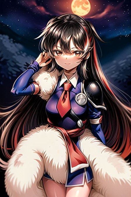 best quality 1girl Setsun4 solo long hair,  (night time) forest background black hair very long hair purple eyes multicolored hair armor, small, (fur trim) (medium body),<lora:EMS-179-EMS:0.800000>,<lora:EMS-293862-EMS:0.800000> bow, hair_bow, hair_tubes, red_bow, brown_hair, long_hair, bangs, ascot, frilled_bow, yellow_ascot, blush, smile, hair_between_eyes, athletic, armor, miko, strengthmda,  Smiling, happy, helmet