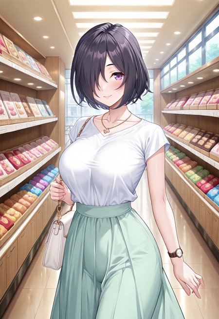 taimanin \(series\), taimanin rpgx, sano toshihide, (masterwork, masterpiece, best quality, hyper-detailed, 8k uhd:1.4), newest, source_anime, (masterpiece:1.3), best quality, ultra-detailed, official art, (visual novel style:1.4), anime CG, vibrant colors, soft shading, delicate linework, detailed hair flow, dynamic lighting, intricate clothing folds, character accurate, game screenshot aesthetic, high contrast, slight rim light, three quarter view,
break,
solo, alone, female focus, sexy, looking at viewer, standing, smile, day, daytime, clothing store, mall, indoors, highly detailed background,
break,
[1girl, shishimura koro, short hair, black hair, hair over one eye, purple eyes, slightly glossy lips, medium breasts, large breasts, casual, white shirt, short sleeves, necklace, straight skirt, mint green skirt, wrist watch, white handbag],