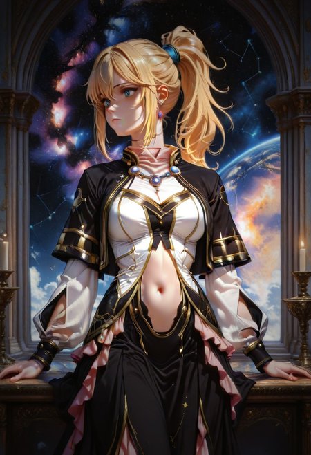 masterpiece, best quality, amazing quality, very aesthetic, high resolution, ultra-detailed, absurdres, 1girl, blonde hair, long hair, ponytail, blue eyes, bare midriff, cleavage, detached sleeves, frilled dress, jewelry, necklace, black jacket, black capelet, pink frills, pink collar, navel cutout, black skirt, white shirt, M4gicalL1nes, nebula, constellation,