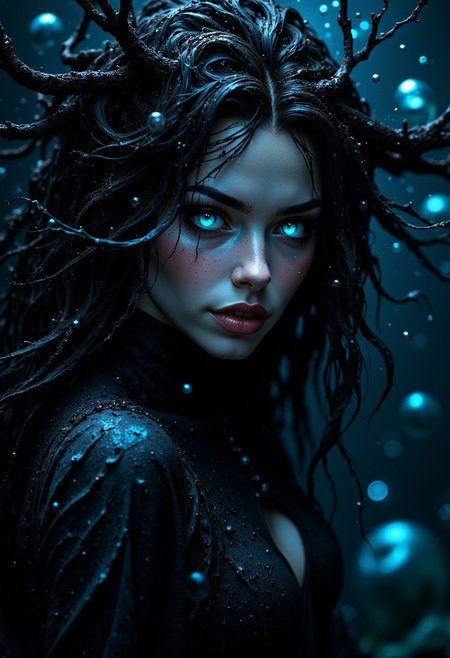 Face close up, gorgeous perfect eyes, highly detailed eyes, glossy lips. A dark, underwater realm with an abyssal temptress emerging from the deep, her long, flowing hair blending with the inky black waters. She has pale, iridescent skin and wears a sensual ensemble of dark seaweed and shimmering pearls, accentuating her alluring curves. Her eyes, glowing an eerie blue, pierce through the murky water as she gazes seductively at the viewer. Bioluminescent creatures flutter around her, illuminating the darkness with soft, ghostly light. The scene is moody and mysterious, with soft particle effects of drifting bubbles and light shafts, capturing the haunting beauty of the temptress and her deadly, otherworldly domain. (maximum ultra high definition image quality and rendering:3), maximum image detail, maximum realistic render, (((ultra realist style))), realist side lighting, , 8K high definition, realist soft lighting, (amazing special effect:3.5)