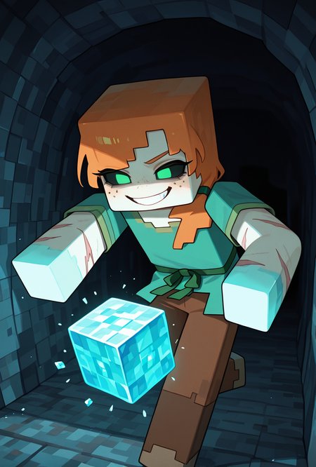 <lora:alexmc-10:1> alexmc, orange hair, 1girl, solo, green eyes, long green shirt, brown pants, short sleeves, freckles, square arms, square body, green waist ribbon,  minecraft world, inside a cave, no pupils, light blue crystals coming out of walls, cubes, evil grin, dark scene, no light, scars, injury, pure white sclera, no eyes, no pupils, embedded light blue crystals, dynamic pose, glowing white sclera, without pupils, masterpiece, best quality, amazing quality, very aesthetic, absurdres, newest,