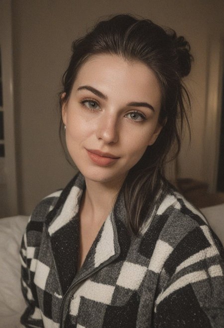 30yo woman wearing Plaid Polar Fleece Shacket with white textures 
long black dark hair slick back and smooth. Kissface. 
smile. Looking at camera. POV.
happy. 
Living room. Fully furnished.
Night time.
Portrait.