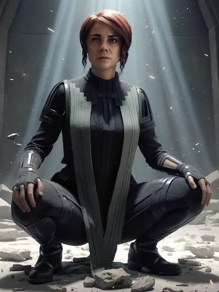 a woman,faced to viewer,dramatic lighting,particles,debris,solo,solo focus,
<lora:Jasse_Faden_v6_biglust:0.95>woman,jasfdn face,jas hair,asynch clothes,looking at viewer,squatting,clothed,Tattered Layers clothing, rating_safe