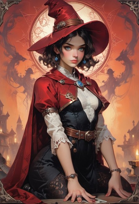 score_9, score_8_up, score_7_up, ((waist-up portrait, kneeling, face focus, eye focus, dynamic angle, motion)), 1girl, fantasy, (ph4nt0m01l), ((Tarot Card Style)), witchkiri, (sexy witch costume), (witch hat), lace, cape, breathless intimacy, tanned skin, petite model bombshell, heart, young, delicate features, narrow pointy nose, tiny nose, brown hair, medium length hair, bob cut, lust, big eyes, seductive eyes, blue eyes, detailed skin, flared lashes, mascara, makeup, perky medium breasts, athletic body, narrow waist, skinny hips, ((tarot cards)),
warm light, detailed, neon dark party, candles, ((occult, magic ritual)), ((colorful background)),
 BREAK
milky way, runes, arcane, astral, surreal, ethereal glow, masterpiece, best quality, intricate design. colorful, moonlit nightsky, stained glass aesthetic, moody whimsical color palette, murano glass, bold soldering lines, volumetric light shining through, crepuscular rays, intricate craftsmanship, detailed texture, luminous transparency, reflective light play, vivid hues, atmospheric depth, enchanting silhouette, art nouveau,