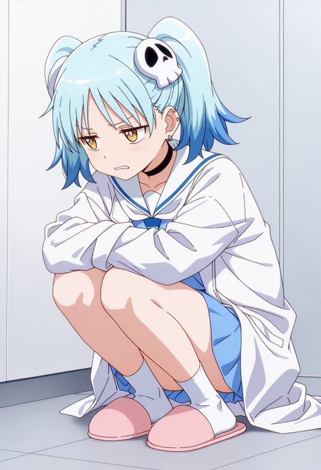 masterpiece,high quality details, absurdres,
 <lora:Izutsumi_Marín:0.8>
izutsumi_cnr, 1girl, blue hair,yellow eyes, multicolored hair,  skull hair ornament, twintails, black choker,ear piercing,
white sailor collar, blue serafuku, blue shirt,blue skirt,labcoat, white socks, slippers,, depressed,grimace,, x3,
