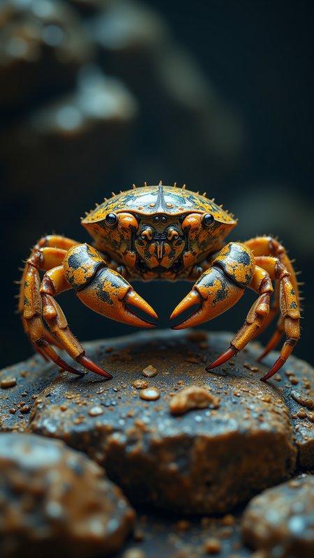 art by Luc Besson, Digital art, Photograph, Crab, the Crab is wearing a Helmet, its Helmet is Black and Mustard Yellow and is made of Tungsten and Peridot, Fuji superi400, 50mm, aidmaMJ6.1, aidmaimageupgrader