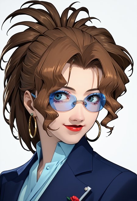 score_9, score_8_up, score_7_up, source_anime, p3reloadportraits, portrait, 1girl, karen, brown hair, short ponytail, long hair, blue-tinted eyewear, under-rim eyewear, lipstick, makeup, hoop earrings, blue blazer, smile, looking at viewer, white background <lora:Persona3ReloadPortraitsXL:1>  <lora:Karen3216PDXL:1>
