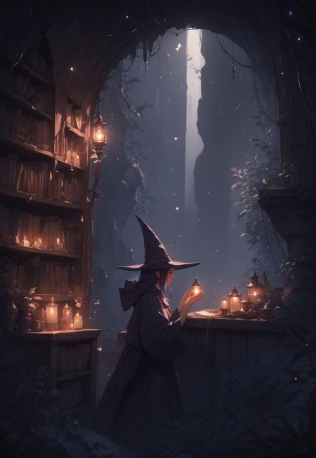 high elf, hermit witch, jill stingray, (twintails:1.2), dark purple hair, red eyes. fantasy sorceress clothes, from side, taking out a book from a bookcase, library, 0ddmag1c, oddity, ((clean lines, source: anime, detailed fingers, high quality, best quality, masterpiece, rating: g score: 9, score: 8 up)), in well lit cave, tree roots, small fairy lanterns, witch tools, great lighting, floating shining stars, shining golden particles, perfect hands, great lighting, d4rkv1b3,