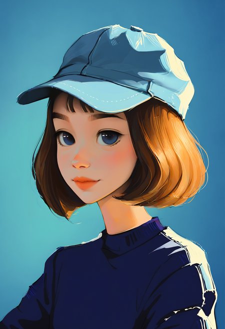 Portrait of a woman with a cap on, short hair, blue background, Samdoesarts Style   <lora:SamdoesartsV1:1>