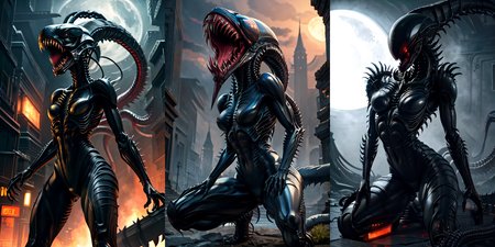 (otherworldly), highly insanely detailed, masterpiece, top quality, best quality, highres, 4k, 8k, RAW photo, (very aesthetic, beautiful and aesthetic), 
__lazy-wildcards/cosplay-char/alien-predator/xenomorph/prompts__, 
<lora:FemXeno:0.6>, 
(1girl:1.3), eyes focus, 
__lazy-wildcards/dataset/background__,âââ
