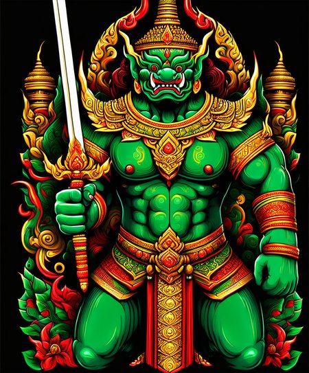 thai ogre style, giant, a lady behind it,  holding a sword, colors green red and gold, extremely detailed, digital art, t-shirt design, dark blackground <lora:thai ogre_style:0.75>