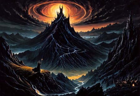 night time, landscape, High fantasy style, Tolkien, Illustration, epic art, Synthetism, majestic, fairy tale, masterpiece, (high contrast, sharp contrast:1.2) crystal clear, sharp, contrast, Wallpaper Fusion, The Lord of the Rings style,