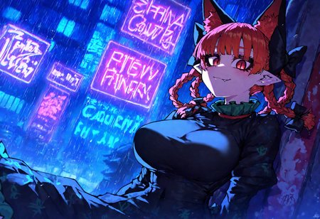 1girl, solo, indoor, window,
BREAK   
 Sharp eyeliner, kaenbyou_rin, pink_hair, red_eyes, solo, animal_ears ,black_bow, black_dress , braid,breasts, cat_ears ,dress,extra_ears, fang ,frilled_dress ,frills, hair_bow ,large_breasts ,long_eyelashes ,long_sleeves ,looking_at_viewer ,multiple_hair_bows, pointy_ears ,red_bow ,red_eyes, red_hair, slit_pupils,tight_clothes ,tight_dress, twin_braids ,fang,  (neon lights), future, futuristic city, graffiti, (rain),
BREAK   
(zyugoya:0.8),quasarcake:0.7, Fishine:0.7, masterpiece, best quality, very aesthetic, newest, <lora:ponyv4_noob1_2_adamW:0.6>