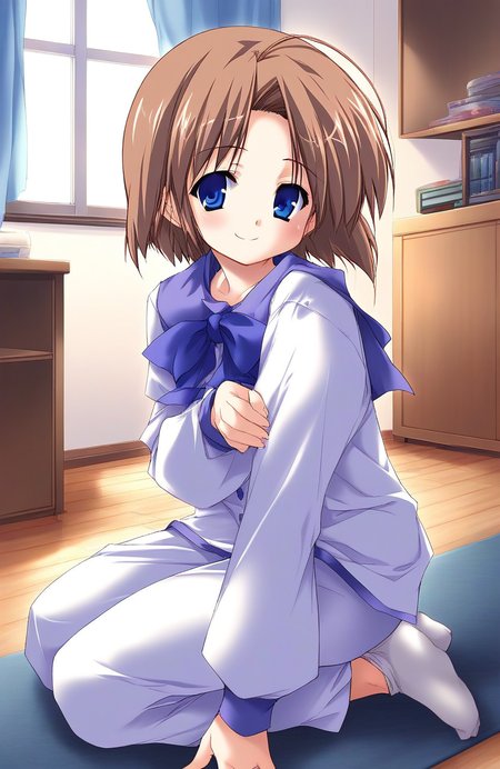 score_9, score_8_up, score_7_up, source_anime, rating_explicit, BREAK   <lora:Shiki_Akimi_Ver2.0_XL:1> ShikiAkimi, brown hair, blue eyes, short hair, short stack,
 solo, long sleeve, long pants, smile, 
room, flooring, curtain,