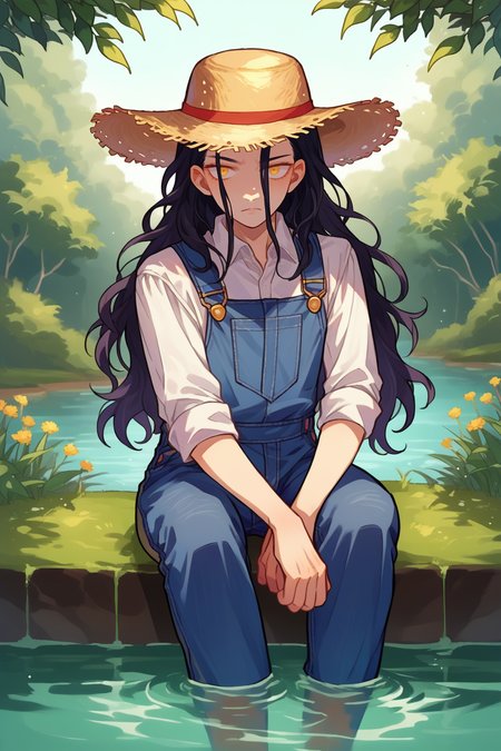 score_9, score_8_up, source_anime, androgynous, solo, <lora:NSLimstellaFE7:1> NSLimstellaFE7, black hair, long hair, yellow eyes, straw hat, river, sitting, legs in water, outdoors, overalls, pants rolled up