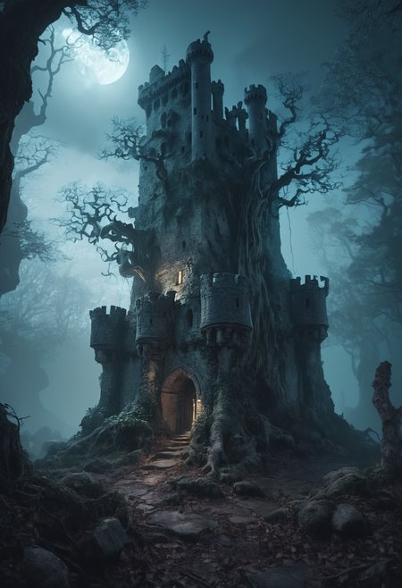 A vast, enchanted forest bathed in ethereal moonlight. Ancient, gnarled trees with glowing mushrooms at their roots lead to a crumbling stone castle shrouded in mist, fantasy concept art, Artstation trending, hyperrealistic.