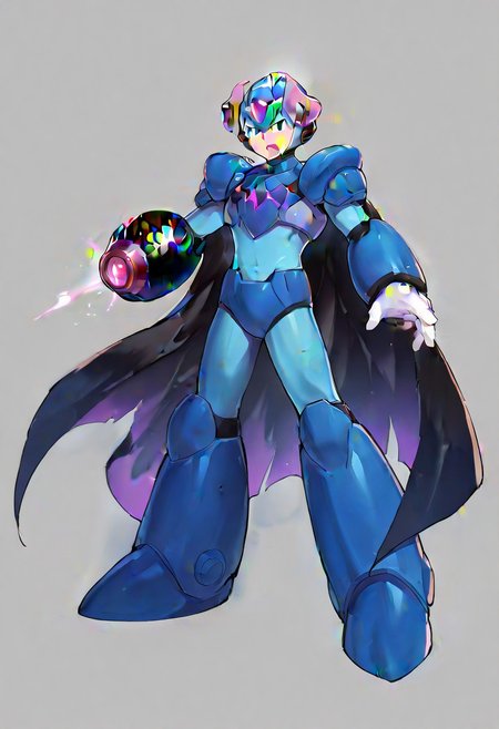 masterpiece, best quality, amazing quality, highres, high resolution, solo, score_9, score_8_up, score_7_up, 1boy, 1boy, :green_eyes, blue_helmet, blue_armor, blue_bodysuit, white_gloves, blue_boots, arm cannon, megax, gore magala armor, purple horn ornament, black cape,, full body,