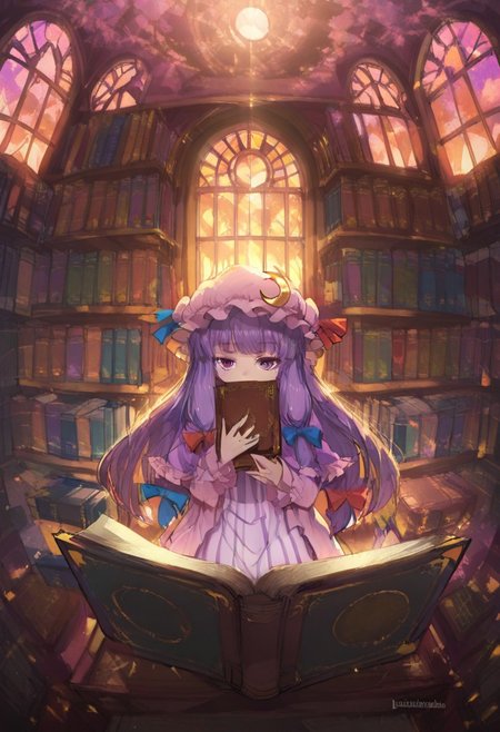 volumetric lighting, ambient occlusion, luminescent background, masterpiece, very awa,library,indoors, a girl reading, beam of light, light through window,depth of field, stained glass window, sunset, dusk, red and purple light
BREAK
patchouli knowledge, 1girl, solo, purple eyes, purple hair, long hair, sidelocks,mob cap, pink hat, crescent pin, hair bow, blue bow, red bow, pink dress, purple capelet, vertical-striped dress,holding book, emotionless, looking at viewer, book covering mouth