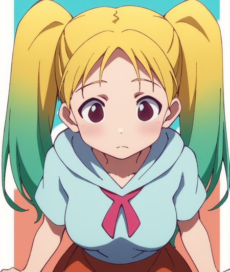 score_9, score_8_up, score_7_up, score_6_up, score_5_up, score_4_up, BREAK source_anime,
<lora:Paula_PONY:1>,paula, 1girl, solo, twintails, blonde hair, long hair, multicolored hair, gradient hair, green hair, brown eyes, purple eyes, hood, skirt,