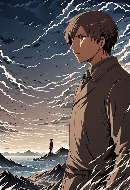 high resolution, solo, best quality, 1Boy, Takaki Toono, Brownish Hair, Brown Eyes, existential longing, fantasy background, strong wind, OverallDetail