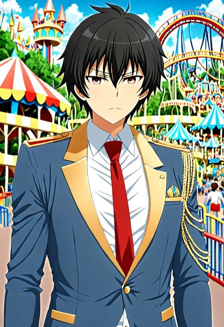 high resolution, solo, best quality, 1Boy, Seiya Kanie, black hair, short hair, thin, Manager, Wihite Shirt, Blue Jacket, theme park, gold aiguillettes, red tie, OverallDetail