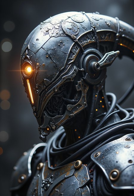 An armored alien with reflective metallic skin, a single vertical eye glowing orange, and intricate engravings etched into their helmet-like face <lora:Dever_Flux_Enhancer.safetensors:1.0>,  <lora:Instant camera portrait photography V2.0.safetensors:0.5>,  <lora:black_fantasy.safetensors:0.5>,