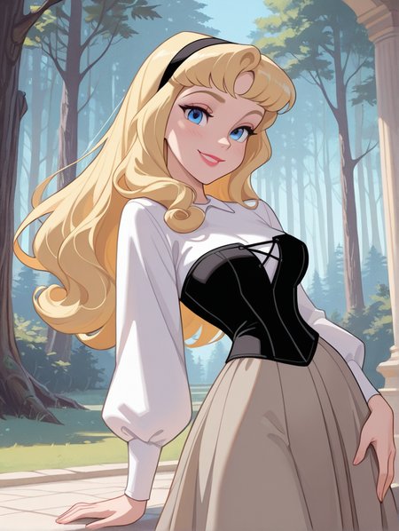 masterpiece, best quality, amazing quality, very aesthetic, absurdres,  newest, detailed background, cowboy shot,  outdoors, dynamic angle, 4k, 8k, palace,forest,
auroraxd, 1girl, solo, blonde hair, blue eyes, long hair, shirt, long sleeves, corset, skirt, medium breasts, hairband, looking at viewer, smile, sexy, seductive, skindentation, lipstick, makeup, 
 <lora:Aurora_-_Disney_Illustrious:1>