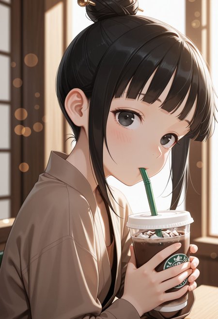 masterpiece,best quality,absurdres,highres,very aesthetic,high quality,detailed,insanely detailed,beautiful,perfect lighting, ,depth of field,blurry background,bokeh, looking at viewer, 
 <lora:Mokuren illu:1> 1girl, black hair, black eyes, single hair bun, blunt bang, hair ornament, sidelocks, hair stick, upper body, close portrait, looking at viewer, disposable cup, drinking straw, holding cup, white background, brown shirt, long sleeves, portrait, blush, upper body, simple background